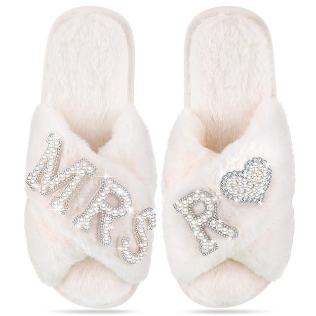 Tarpop Personalized Initial Bride Slippers Mrs Pearl Slippers Wedding Slippers for Bride Bridal Shower Gifts for Wedding Day