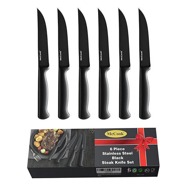 Steak Knife Set,McCook MC59B Steak Knives Set of 6,4.5 Inch Dishwasher Safe  Non-stick One-piece Stainless Steel Black Knife Set 