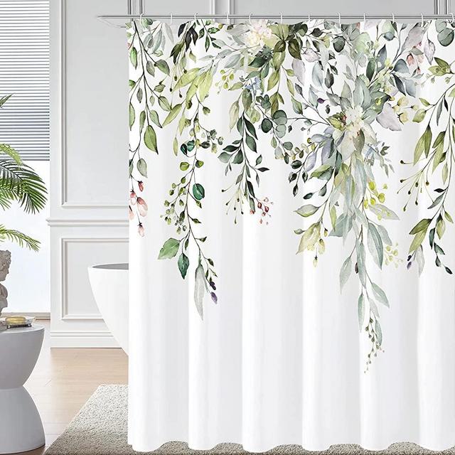 Gibelle Sage Green Eucalyptus Shower Curtain, Watercolor Plant Leaves with Floral Bathroom Decor Waterproof Fabric Shower Curtain Set with Hooks 72x72 Inch White