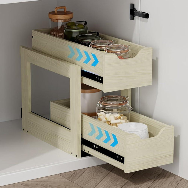 Landmok Pull Out Drawers For Cabinets, 9.7" W x 21.65" D x 17" H Slide Out Wooden Pull out Drawers, 2-Tier, Heavy-Duty Base Bottom Assembly Slide out Drawer Shelf Cabinet Organization for Kitchen, Oak