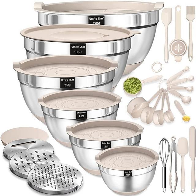 Mixing Bowls with Airtight Lids Set, 26PCS Stainless Steel Khaki Bowls with 3 Grater Attachments, Non-Slip Bottoms & Kitchen Gadgets Set, Size 7, 4, 2.5, 2.0,1.5, 1QT, Great for Mixing & Serving