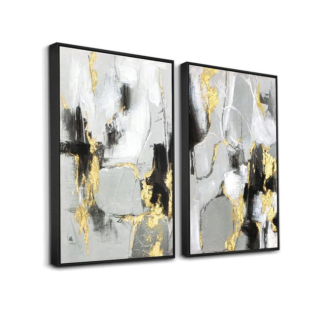 Zessonic Black and Gold Abstract Wall -Art Decor- 2 Pack 16" x 24" Black and White Canvas Wall Decor with Gold Foil for Living Room, Bedroom, Office, Framed, Ready to Hang