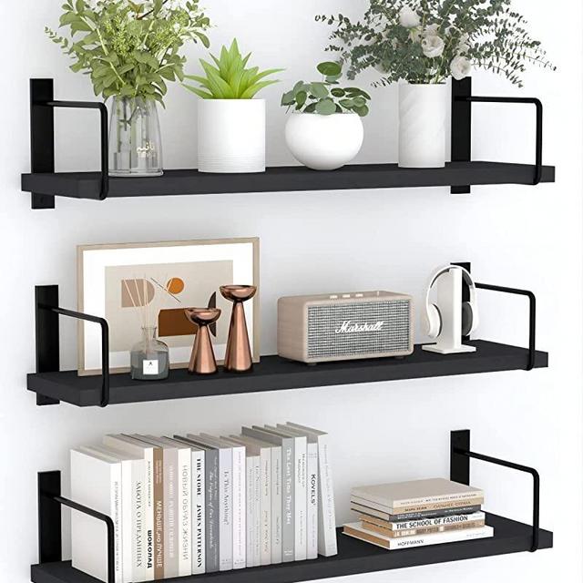 EALLRINEC Floating Shelves, 24 Inches Easy to Install Wall Mounted Shelves, Wall Shelves Set of 3, Rustic Wood Shelves for Wall Décor, Storage Shelves for Living Room (Black)