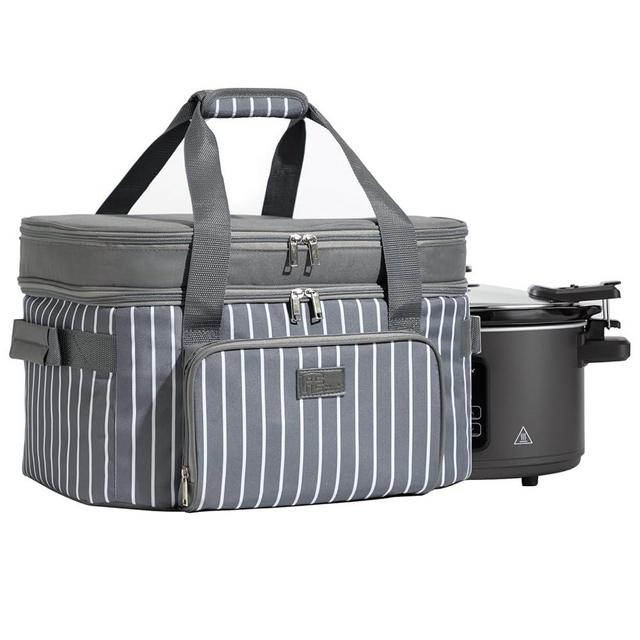 Fun Elements Double Layer Slow Cooker Bag for Most 6-8 Quart Oval CrockPot, Insulated Crock Pot Travel Bag with Support Pad and Adjustable Straps, Top Zip Compartment and Front Pocket for Utensils