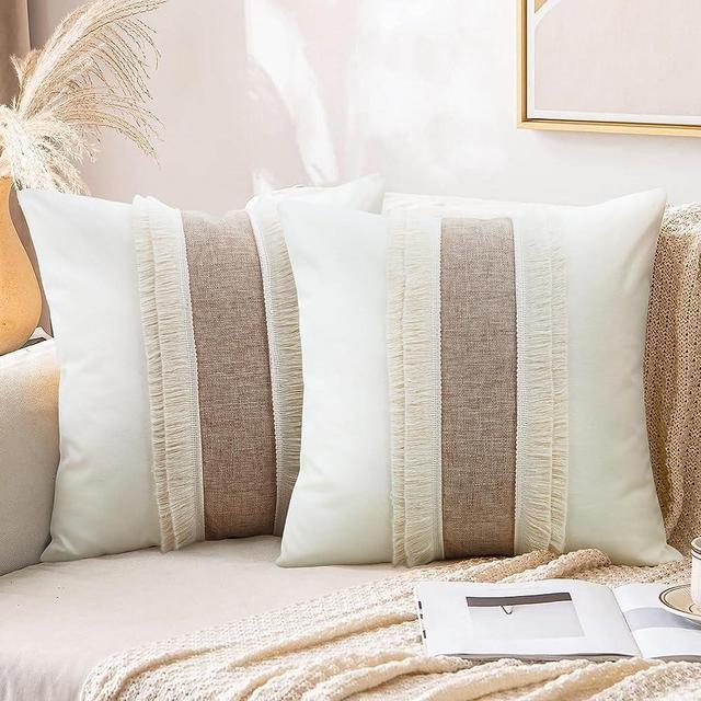 Merrycolor Boho Throw Pillow Covers 18 X 18 Set of 2 with Tassels Beige Neutral Pillow Covers Farmhouse Bohemian Boho Pillows Decorative Throw Pillow Covers for Couch Sofa Living Room