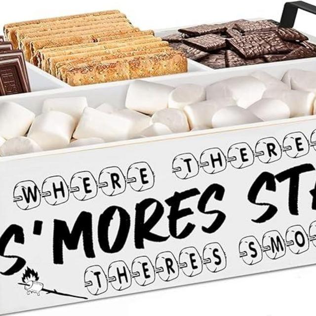 DEALZOOM Wooden S'Mores Bar Station (White) - Smores Caddy Holder with Handles - S'Mores Serving Tray for Kitchen - S’Mores Maker Box for Smores Kit Camping Decor - Smores Accessories Organizer