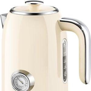 Electric Kettle - 57oz Hot Tea Kettle Water Boiler with Thermometer, 1500W Fast Heating Stainless Steel Tea Pot, Cordless with LED Indicator, Auto Shut-Off & Boil Dry Protection, Beige