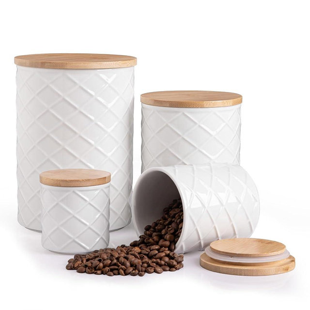 Sweejar Ceramic Canisters Sets for Kitchen Countertop, Relief Food Storage Jar with Bamboo Lid, Stackable Container for Flour, Coffee, Pasta, Cereal, Tea, Cookies, Sugar, Spices, Pack of 4 (White)