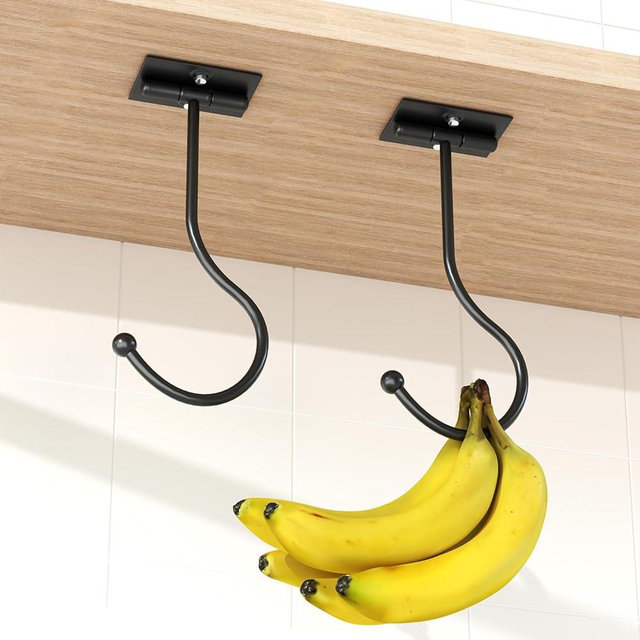 2-Pack Banana Hook Under Cabinet,Banana Holder,Metal Banana Hanger Hook,Adhesive Banana Hook, Foldable Banana Hook, Folds Up With Magnets When Not In Use, Kitchen Hook,Banana Rack,Keep Bananas Fresh