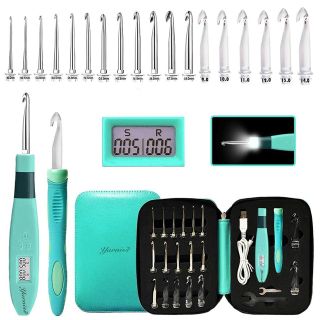 Yarniss 18 Size Counting Crochet Hooks with Light, Digital Counter Crochet Hooks Set with Case (2.0mm~14.0mm)