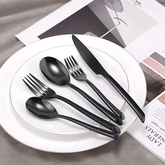 DEACORY Flatware Set Black Silverware Set Stainless Steel Cutlery Set with 20 Pieces Wave Handle Mirror Polished Home Event Party Use Service for 4