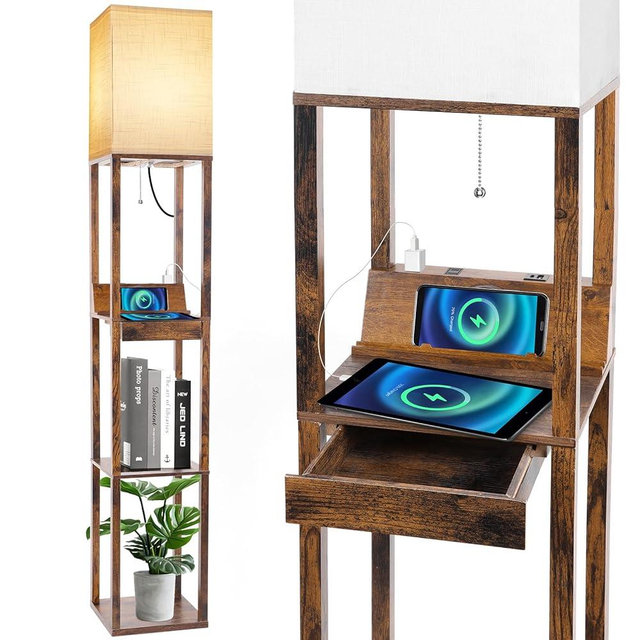 RUNTOP Floor Lamp with Shelves, Shelf Floor Lamp with Wireless Charger & 2 Charging USB Ports & Drawer, AC Outlet, 3 Color Temperature Tall Standing Lamp with Bulb for Living Room, Bedroom, Office