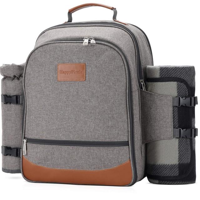 HappyPicnic Insulated Picnic Backpack for 4 Persons with Full Set of Tablewares, Roomy Cooler Compartment, Bottle Holders and Large Waterproof Picnic Rug