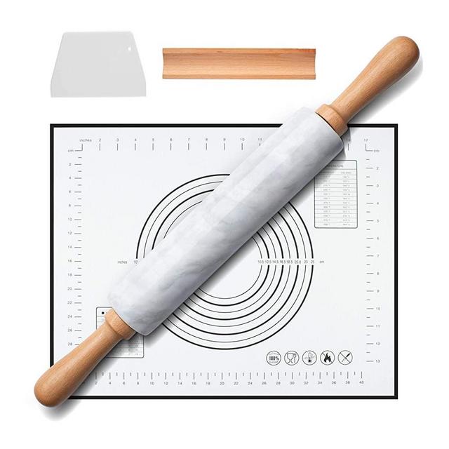 Tera Marble Rolling Pin Set with Handles Silicone Mat Wooden Cradle 10-inch Roller White