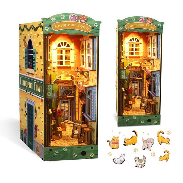 DIY Book Nook Kit, DIY Dollhouse 3D Wooden Puzzles Booknook Bookshelf,Bookends Model Build-Creativity Kit, Light Up Tiny Miniature Dollhouse Diorama Model Kits for Adults, (Cat Street)