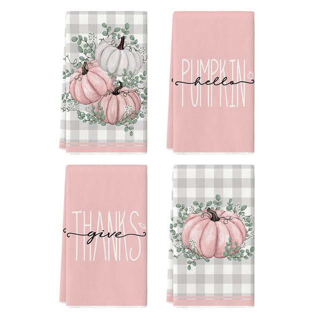 Artoid Mode Pink Eucalyptus Leaves Hello Pumpkin Fall Kitchen Towels Dish Towels, 18x26 Inch Farmhouse Give Thanks Decoration Hand Towels Set of 4