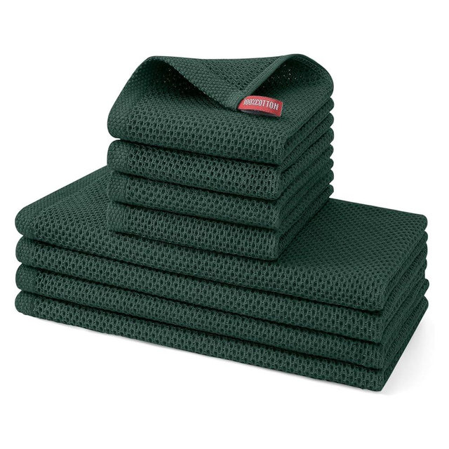 Kitinjoy 100% Cotton Kitchen Towels and Dishcloths Set, 8 Pack-13" x 28" and 12" x 12" Waffle Weave Dish Towels, Ultra Soft Absorbent Quick Drying Dish Rags, Blackish Green
