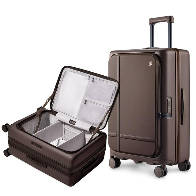 NINETYGO Medium Checked Luggage 25 Inch, Flat Top Opening Check In Luggage with Cup Holder, Expandable, Coffee-Infused PC Hard Shell, Eco-Friendly, TSA Lock, 360° Spinner Wheels (Americano)