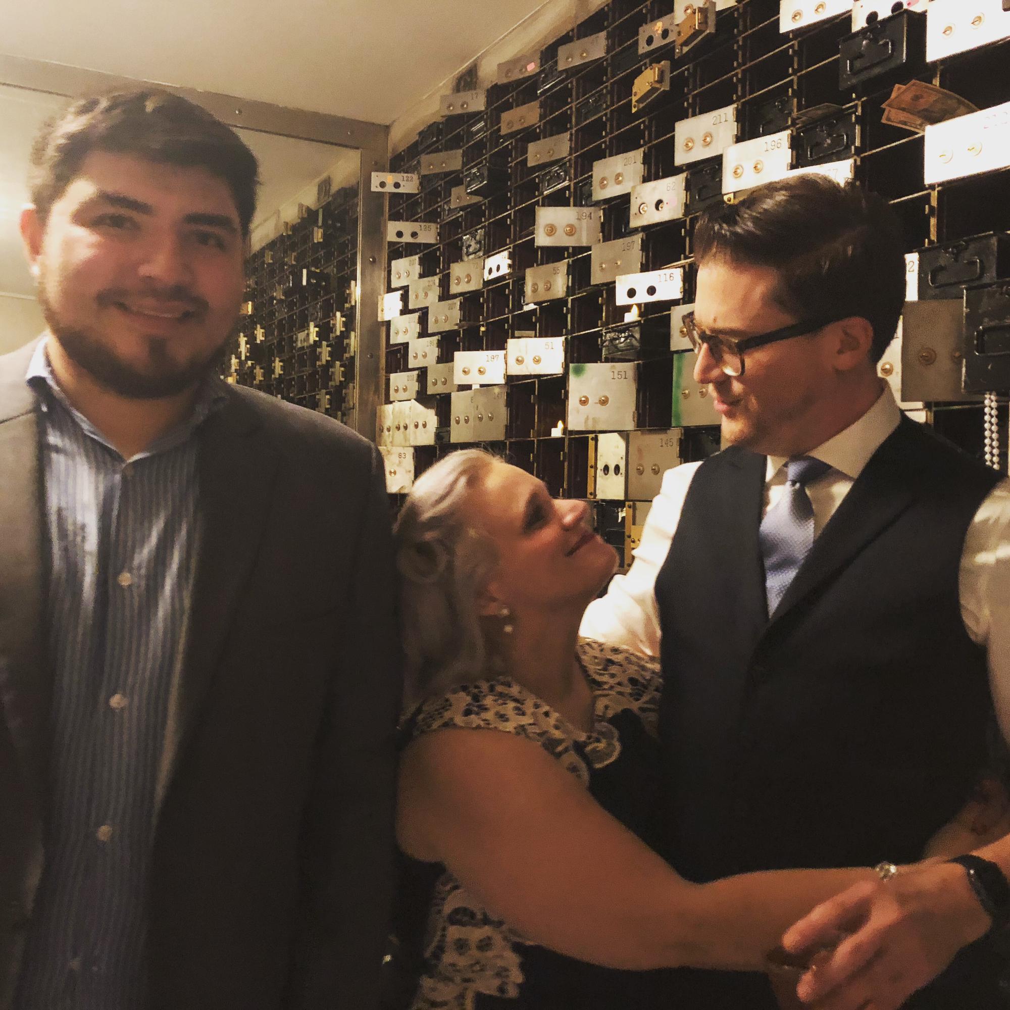 At Emily's dad's wedding, getting photobombed by Alex Baca.