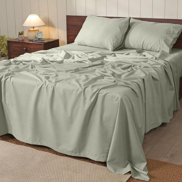 RUVANTI 100% Cotton Sheets – Soft Peached Percale, Lightweight & Breathable Cooling Comfort for Summer, 14″ Deep Pocket Queen Sheet Set, 4-Piece, Sage Green