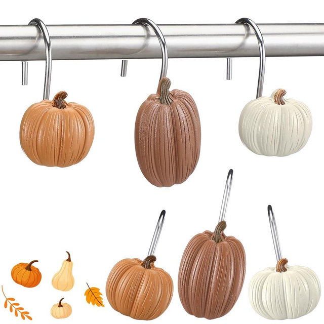 Weysat 12 Pcs Pumpkin Decorative Shower Curtain Hooks Fall Shower Curtain Rings Hanger Stainless Steel Resin Thanksgiving Bathroom Hook for Halloween Farmhouse Rustic Bathroom Decor(Brown,Pumpkin)