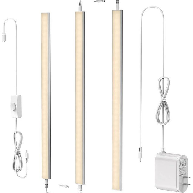 ASOKO Dimmable LED Under Cabinet Lights Warm White 2700K, 3 Pcs 12" Linkable LED Cabinet Lighting Plug in, 24V UL Listed Plug, Led Closet Light Bars for Kitchen Counter, Shelf, Bookcase, Showcase etc