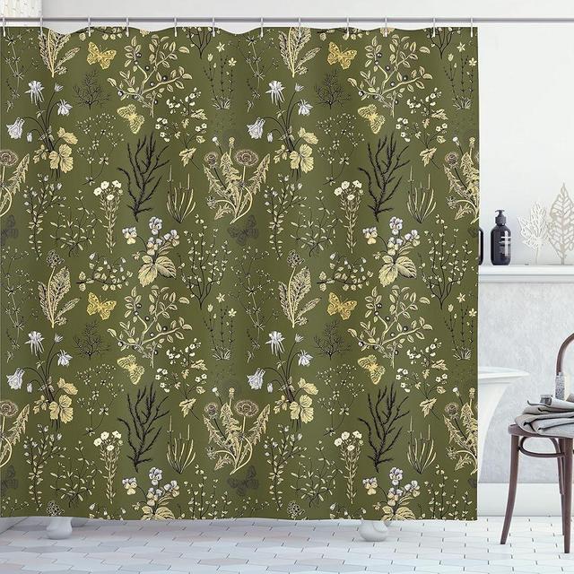 Ambesonne Floral Shower Curtain, Vintage Garden Plants Herbs Flowers Botanical Classic Design Illustration, Cloth Fabric Bathroom Decor Set with Hooks, 69" W x 70" L, Green Brown