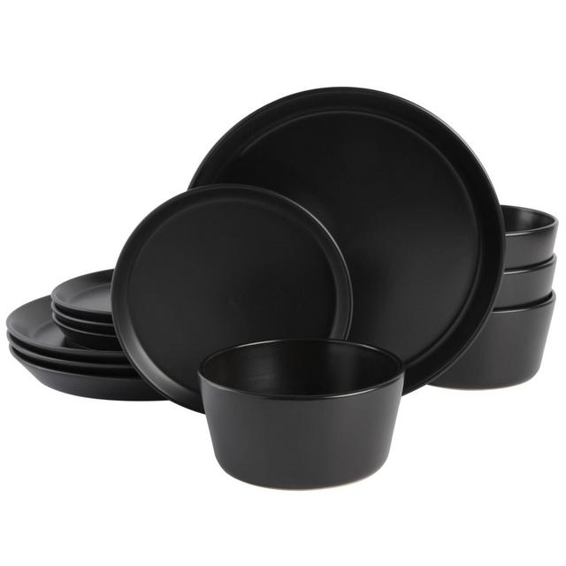 Gibson Elite 12pc Soho Loung Sofia Coupe Stoneware 12 Piece Dinnerware Set - Matte Black