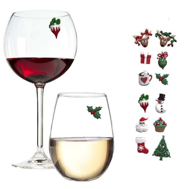 Christmas Holiday Magnetic Wine Glass Charms & Cocktail Markers Set of 12 - Great Christmas Hostess Gift or Stocking Stuffer