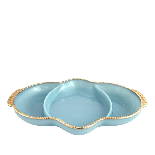 Vintage Fire-King Turquoise Blue 3 Part Relish Gold Trim, Anchor Hocking, USA Tableware Cocktail Appetizer Crudites
