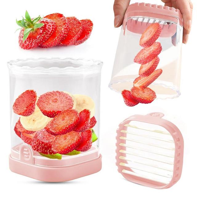 Fruit Slicer Cup | Strawberry Slicer | Banana Slicer | Grape Cutter | Egg Slicers | Detachable Fruit Cutter Slicer with Push Plate | Creative Strawberry Slicer Kitchen Gadget (Pink)
