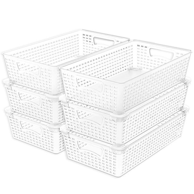 Simple Houseware Stackable Plastic Woven Basket Organizer, 6 Pack, 14.5" x 8.5" x 3.5", Clear