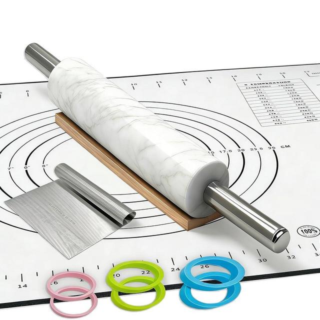 White Marble Rolling Pin with Stainless Steel Handles Baking Set - Silicone Baking Mat, Stainless Steel Dough Cutter, 3 Multicolor Thickness Guides & Wooden Base, Ideal for Pastry, Dough & Pizza