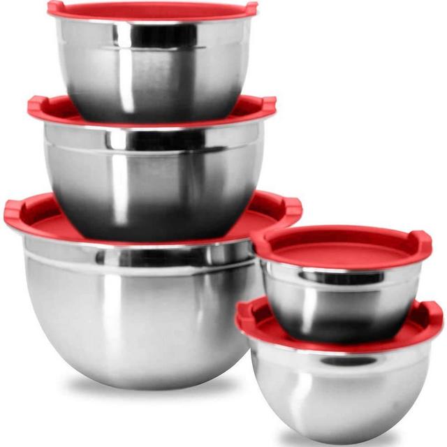 Meal Prep Stainless Steel Mixing Bowls Set, Home, Refrigerator, and Kitchen Food Storage Organizers | Ecofriendly, Reusable, Heavy Duty By WHYSKO (With Red Lids)