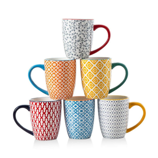 Gibsimi Ceramic Coffee Mugs Set - 16 Oz Large Porcelain Tea Cups with Handle for Men Women Cappuccino Latte Cocoa - Microwave Dishwasher Safe - Christmas Housewarming Gift - Set of 6 - Assorted Colors