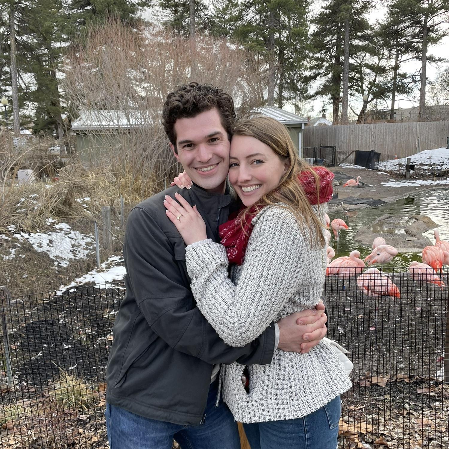 Right after Dane proposed and Alenda said yes at the Tracy Aviary in front of the flamingos ♡