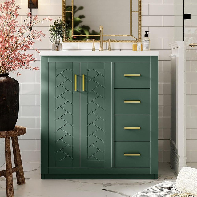 30 inch Green Bathroom Vanity with Sink and Countertop,Solid Wood Frame Bathroom Cabinet with Sink,Modern Sink Storage Cabinet with 3 Drawers & Soft Closing Doors,Gold Handles(Left Side Doors)