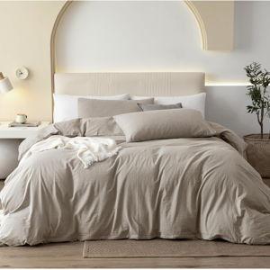 JIYUAN 100% Washed Cotton Duvet Cover Set 3 Pieces Queen, 1 Duvet Cover 90x90 Inches(Comforter Not Included) and 2 Pillowcases,Linen Feel Bedding Set Comfy and Breathable, Heathered Tannish Linen Grey