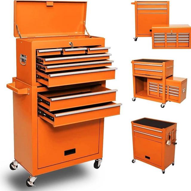 DUSACOM 8-Drawer High Capacity Rolling Tool Box with Wheels,Rolling Tool Chest with Drawer,Tool Box on 4 Wheels with Lock, Tool Storage Cabinet Removable Portable Box for Garage Warehouse (Orange)