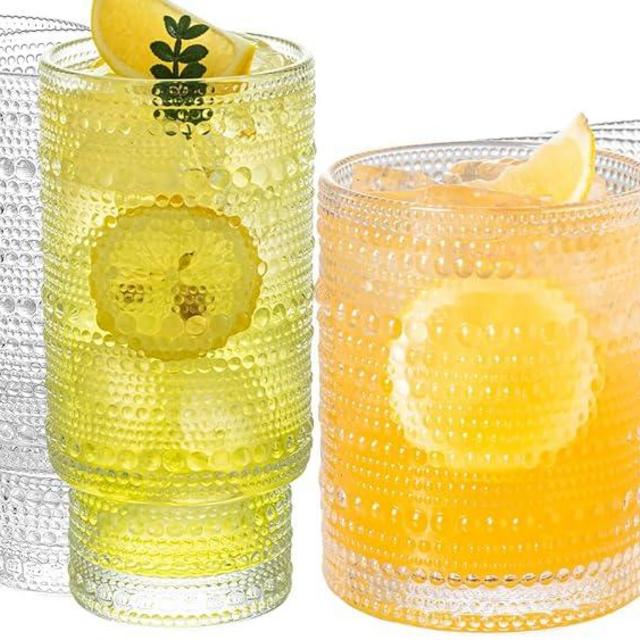 KEMORELA Elegant Highball Glassware Set - 16 Oz XL & 14 Oz Glasses -Hobnail Drinking Glasses, Set of 4 | Stylish Collection for Any Occasion