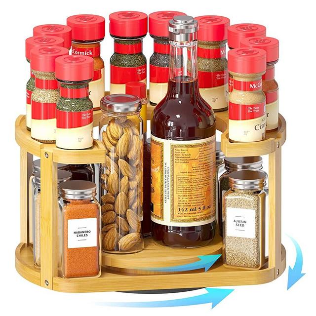 SpaceAid 2 Tier Bamboo Spice Rack Organizer, Lazy Susan Turntable for Cabinet, Home Kitchen Spices Spinning Rotating Shelf Racks for Pantry Seasoning Bottle Holder Storage (Two Tier, Natural)