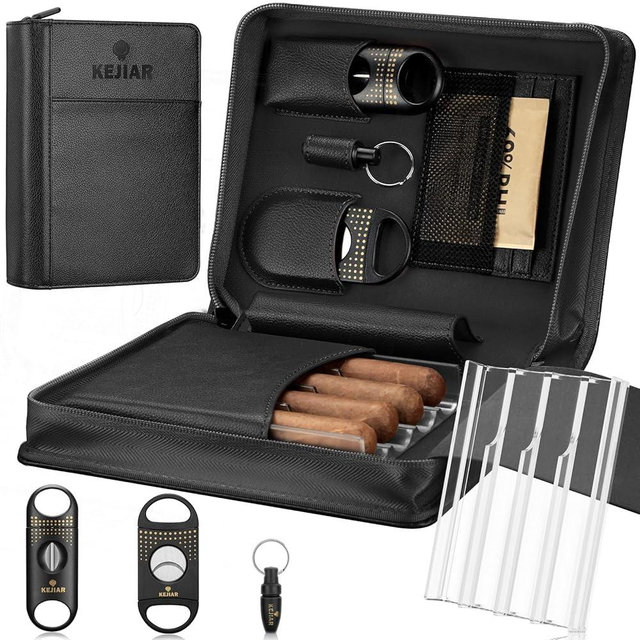 KEJIAR Cigar Humidor Case, Portable Cigar Box with Cigar V Cutter, Straight Cigar Cutter, Cigar Punch, Cigar Humidifier Packs, Travel Humidor and Cigar Accessories Gift Set Leather Cigar Case (Black)