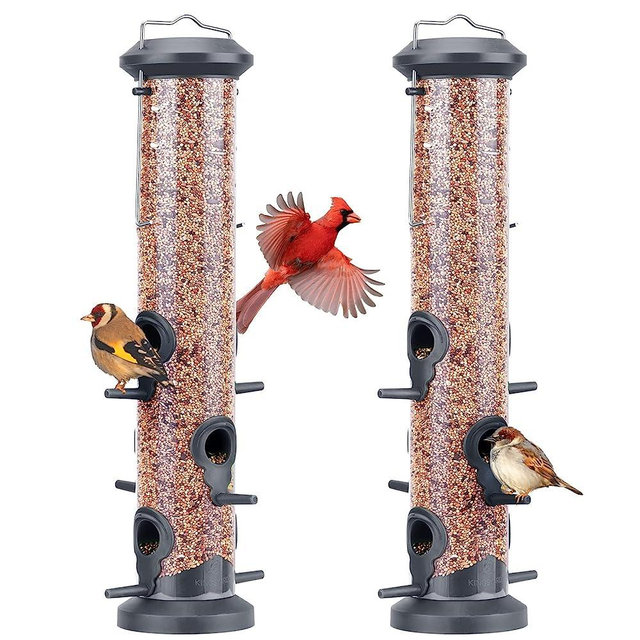 Kingsyard 2 Pack Tube Bird Feeders for Outdoors Hanging, Premium Hard Plastic Bird Feeder with 6 Feeding Ports, Weatherproof & Steel Hanger, Attracting for Wild Birds (Black)