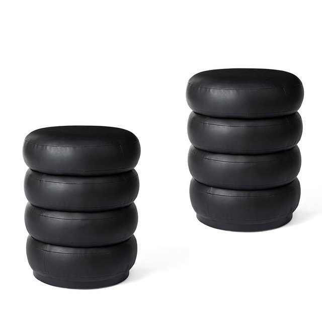 Glitzhome Set of 2 Modern Storage Ottomans, Upholstered PU Leather Accent Footrest Ottomans, Round Vanity Foot Stools with Removable Lids for Couch, Makeup Room, Bedroom, Living Room, Dorm, Black