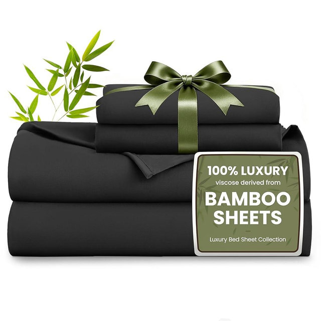 Love's cabin 4 Piece Queen Sheet Set, 100% Rayon Derived from Bamboo, Cooling & Breathable, Soft Silky Deep Pocket up to 16", Hotel Luxury Bedding for Hot Sleepers, Black
