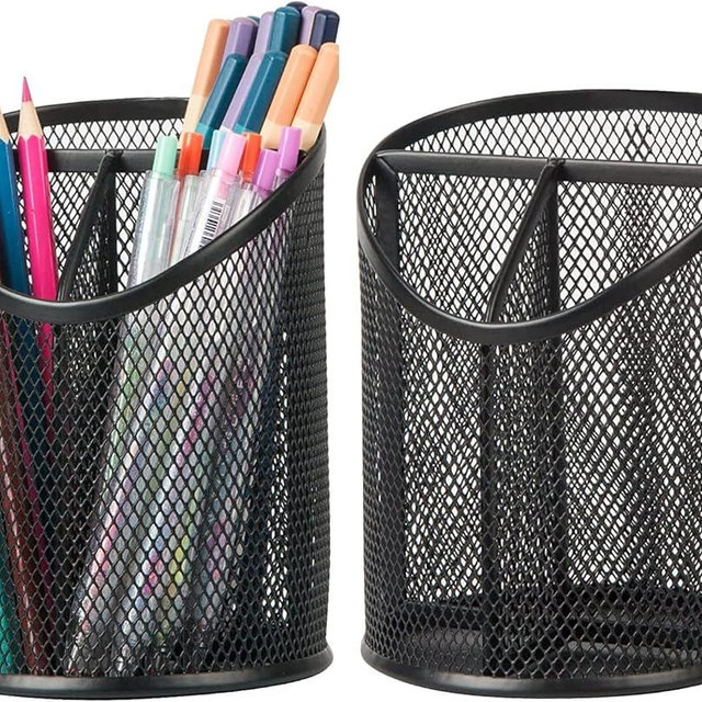 Delifox 2 Pack Pen Holder Mesh Round Pencil Holder Desktop Organizer 3 Compartments, Black