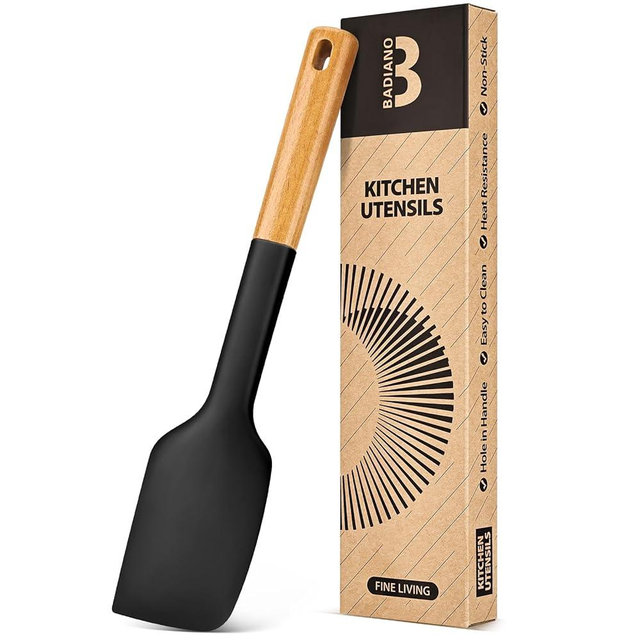 Silicone Heavy-Duty Spatula, Great For Tough Mixing And Stirring, Sturdy Bpa-Free Matte Silicone, Wooden Handle Rubber Scraper For Nonstick Cookwares (BLACK)