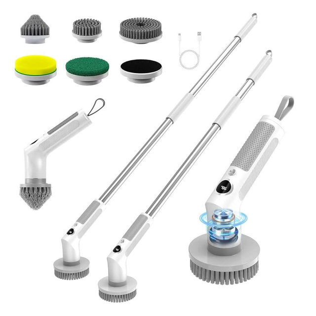 Electric Spin Scrubber, Cordless 20W High-Torque Cleaning Brush Bathroom Scrubber, IPX7 Waterproof Electric Scrubber with 6 Brush Heads, Extendable Long Handle Power Scrubber for Bathtub Floor