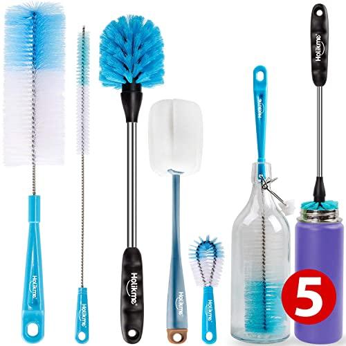 Holikme 5 Pack Bottle Brush Cleaning Set，Long Handle Bottle Cleaner for Washing Narrow Neck Beer Bottles, Wine Decanter, Narrow cup，Pipes, Hydro Flask Tumbler, Sinks, Cup cover，Blue