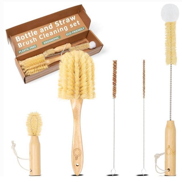 Bottle and Straw Brush Cleaning Set - Ergonomic & Plastic Free Bamboo Bottle Brush, All in One Bottle Cleaning Set, Sturdy Eco Friendly Water Bottle Cleaner Brush Set in Bamboo and Natural Fibers